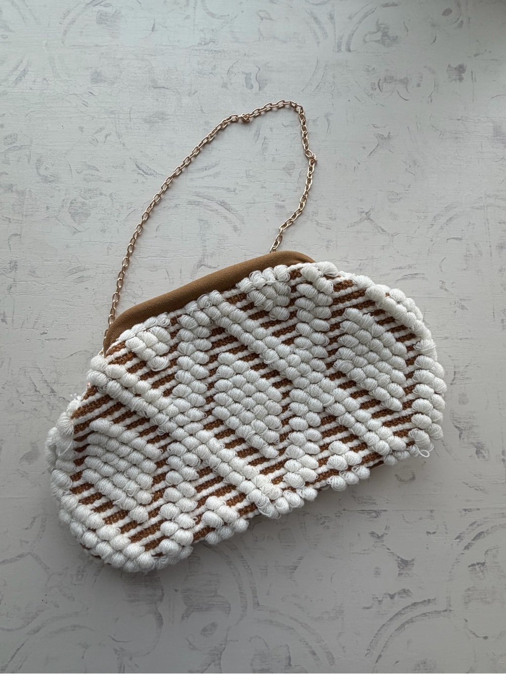 Natasha Popcorn Bobble Clutch/Crossbody Bag - Tan & Cream Knit